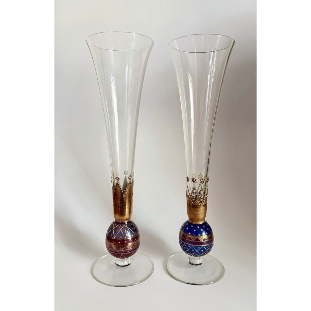 Vintage Bohemian Czech Glass Goblets Blue Ruby Gold Enamel Hand painted Wine